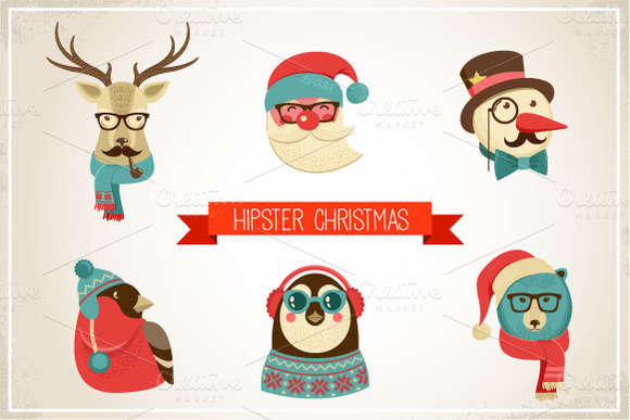 Vintage Hipster Christmas animals