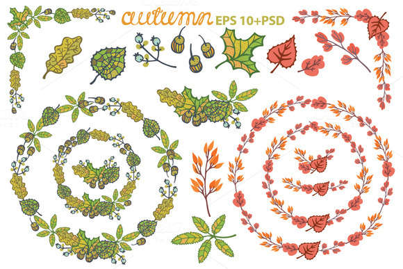 Autumn leaves wreath set. Clipart