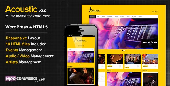 Acoustic by Cssignitervip is a WordPress theme for bands which features Retina display support, support for RTL languages, fully responsive layouts, search engine optimization, WooCommerce integration and support for photo galleries.