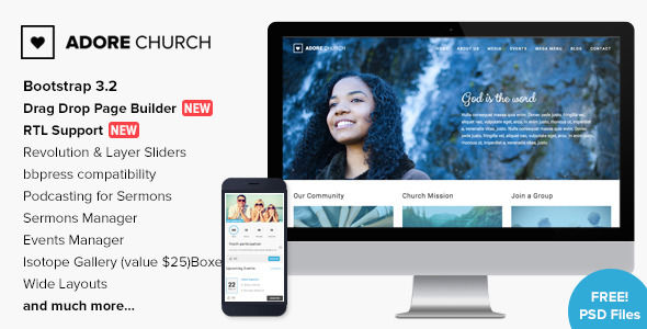 Adore Church by Imithemes is a news magazine WordPress theme with video support which features Retina display support, support for RTL languages, fully responsive layouts, search engine optimization, Google Fonts support, Revolution Slider, WooCommerce integration, Bootstrap framework utilization, can be used for your portfolio, corporate style visuals, masonry post layouts and a grid layout.