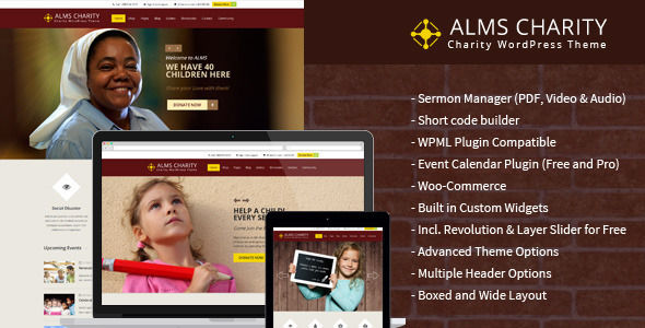 Alms by Designthemes is a news magazine WordPress theme with video support which features parallax elements, support for RTL languages, fully responsive layouts, search engine optimization, Google Fonts support, Revolution Slider, WooCommerce integration, clean design and can be used for your portfolio.