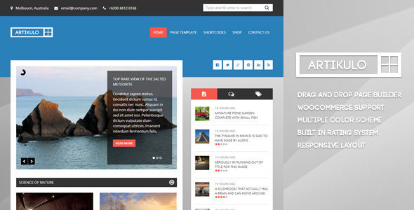 Artikulo Premium Magazine Theme by TitanThemes is a news magazine WordPress theme with video support which features support for RTL languages, fully responsive layouts, Revolution Slider, WooCommerce integration, clean design, magazine style layouts, is great for your personal site and flat design aesthetics.