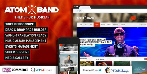 AtomBand by Chimpstudio is a WordPress music theme which features fully responsive layouts, Revolution Slider, WooCommerce integration and Bootstrap framework utilization.