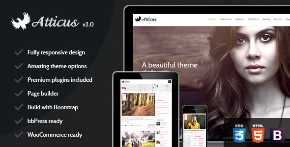 Atticus by Skywarrior is a WordPress theme which features parallax elements, one page layouts, fully responsive layouts, search engine optimization, Revolution Slider, WooCommerce integration, clean design, Bootstrap framework utilization, support for photo galleries, can be used for your portfolio and magazine style layouts.