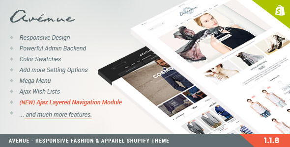 Avenue by Halothemes is a Shopify theme which features support for RTL languages, Mega Menu, fully responsive layouts, search engine optimization, Google Fonts support, clean design, Bootstrap framework utilization, flat design aesthetics, a grid layout and  minimal design.