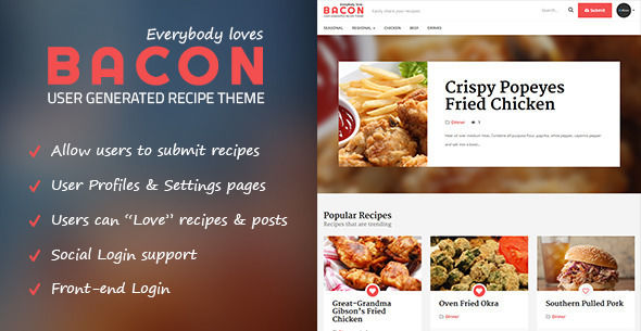 Bacon by Bluthemes_ is a recipe WordPress theme which features support for RTL languages, fully responsive layouts, clean design, Bootstrap framework utilization and a grid layout.