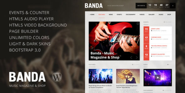 Banda by Sinote is a WordPress theme for bands which features fully responsive layouts, Revolution Slider, Bootstrap framework utilization and magazine style layouts.