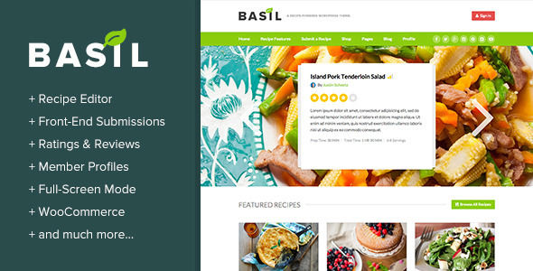 Basil Recipes by BoxyStudio is a niche WordPress theme with frontend submission functionality which features fully responsive layouts, Revolution Slider and WooCommerce integration.