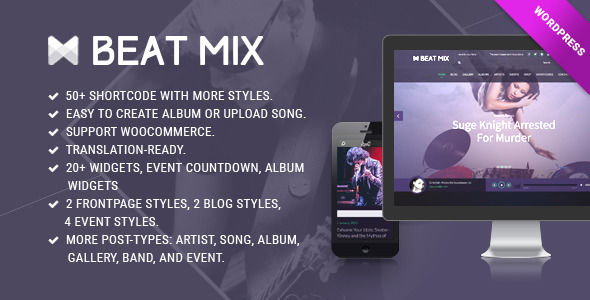 BeatMix Music And Band WordPress Theme by Kopasoft is a WordPress music theme which features parallax elements, fully responsive layouts, search engine optimization, Revolution Slider, WooCommerce integration, clean design, can be used for your portfolio and masonry post layouts.