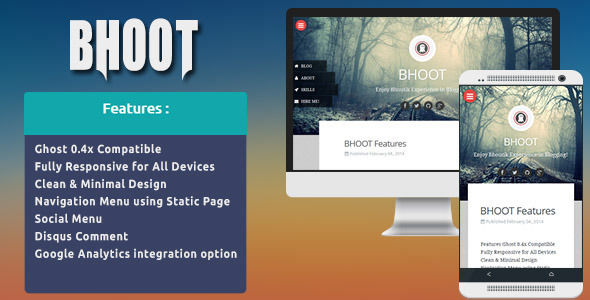 Bhoot by Codetic is a Ghost theme which features parallax elements, fully responsive layouts, clean design, blogging related layouts and optimizations and  minimal design.