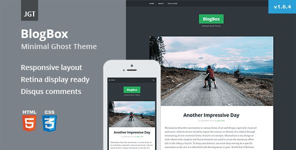 BlogBox by Justgoodthemes is a Ghost theme which features Retina display support, support for RTL languages, fully responsive layouts, is great for your personal site, blogging related layouts and optimizations, bold design elements, flat design aesthetics and  minimal design.