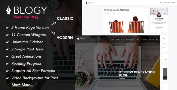 Blogy by 2035Themes is a WordPress theme which features Retina display support, parallax elements, support for RTL languages, fully responsive layouts, search engine optimization, Bootstrap framework utilization, is great for your personal site, bold design elements and a grid layout.