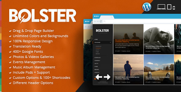 Bolster Music Band WordPress Theme by Chimpstudio is a WordPress theme for bands which features support for RTL languages, fully responsive layouts, Revolution Slider and Bootstrap framework utilization.