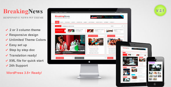 BreakingNews by RoyalwpThemes is a news magazine WordPress theme with video support which features support for RTL languages, one page layouts, fully responsive layouts, search engine optimization and magazine style layouts.