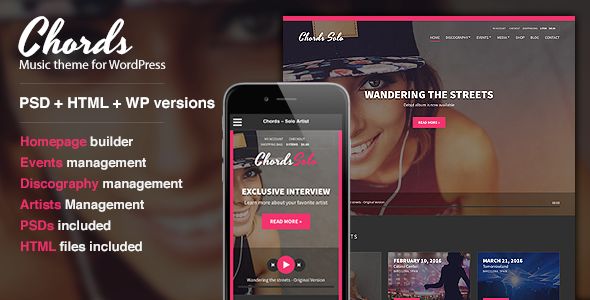 Chords by Cssignitervip is a music WordPress theme with Shoutcast support which features parallax elements, support for RTL languages, fully responsive layouts, search engine optimization, WooCommerce integration and masonry post layouts.