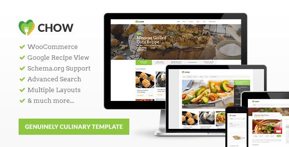 Chow by Purethemes is a recipe WordPress theme which features fully responsive layouts, search engine optimization, Revolution Slider, WooCommerce integration and a grid layout.