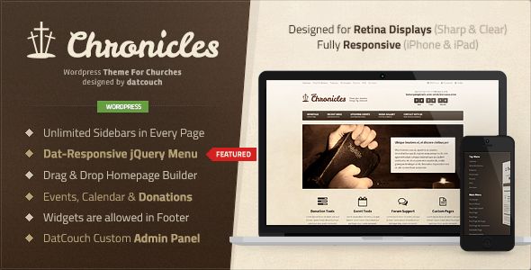 Chronicles by Datcouch is a news magazine WordPress theme with video support which features Retina display support, fully responsive layouts, search engine optimization, Google Fonts support and Revolution Slider.