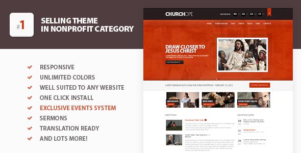 ChurcHope by Themoholics is a news magazine WordPress theme with video support which features Retina display support, one page layouts, fully responsive layouts, search engine optimization, Google Fonts support, Revolution Slider, WooCommerce integration, can be used for your portfolio and corporate style visuals.