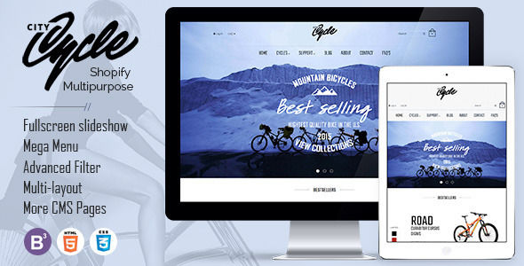 CityCycle by Tvlgiao is a Shopify theme which features parallax elements, support for RTL languages, Mega Menu, fully responsive layouts, search engine optimization, Google Fonts support, WooCommerce integration, Bootstrap framework utilization and  minimal design.
