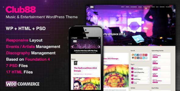 Club by Cssignitervip is a WordPress music theme which features Retina display support, support for RTL languages, fully responsive layouts, search engine optimization, WooCommerce integration, support for photo galleries, flat design aesthetics and a grid layout.