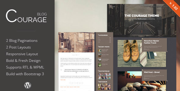 Courage by ZERGE is a WordPress theme which features Retina display support, parallax elements, support for RTL languages, fully responsive layouts, search engine optimization, Google Fonts support, WooCommerce integration, clean design, Bootstrap framework utilization, is great for your personal site and bold design elements.