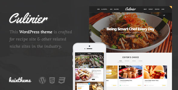 Culinier by Haintheme is a recipe WordPress theme which features Retina display support, Mega Menu, fully responsive layouts, Google Fonts support, Revolution Slider, Bootstrap framework utilization, masonry post layouts and a grid layout.