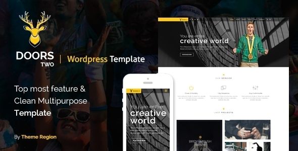Doors Two by ThemeRegion is a WordPress theme which features parallax elements, one page layouts, fully responsive layouts, WooCommerce integration, clean design, Bootstrap framework utilization, can be used for your portfolio, magazine style layouts, corporate style visuals, flat design aesthetics, a grid layout and minimal design.