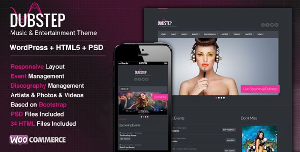 Dubstep by Cssignitervip is a WordPress music theme which features Retina display support, support for RTL languages, fully responsive layouts, search engine optimization, WooCommerce integration and Bootstrap framework utilization.