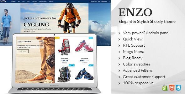 ENZO by BuddhaThemes is a Shopify theme which features support for RTL languages, Mega Menu, fully responsive layouts, search engine optimization and  Google Fonts support.
