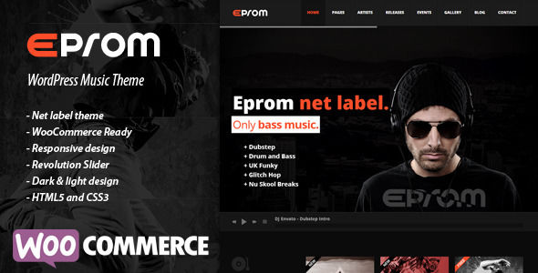 EPROM by Rascals is a WordPress music theme which features support for RTL languages, fully responsive layouts, search engine optimization, Google Fonts support, Revolution Slider, WooCommerce integration, clean design, can be used for your portfolio, masonry post layouts and a grid layout.