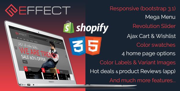 Effect by Xlentthemes is a Shopify theme which features support for RTL languages, Mega Menu, fully responsive layouts, search engine optimization, Revolution Slider, clean design, Bootstrap framework utilization and  a grid layout.