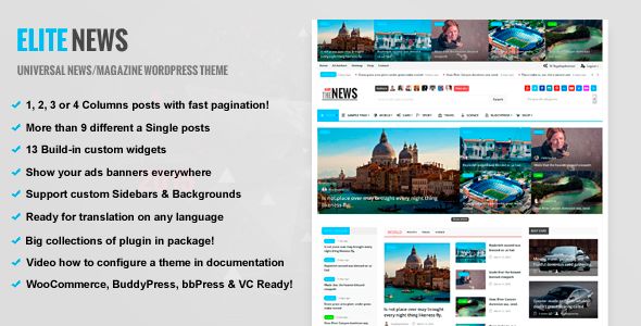 EliteNews by RoyalwpThemes is a news magazine WordPress theme with video support which features parallax elements, Mega Menu, one page layouts, fully responsive layouts, search engine optimization, Revolution Slider, WooCommerce integration, can be used for your portfolio and magazine style layouts.