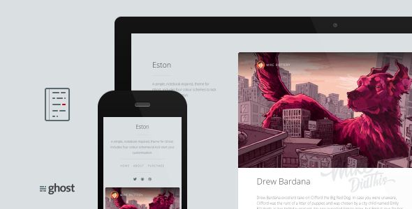 Eston by Mikedidthis is a Ghost theme which features fully responsive layouts, search engine optimization, Google Fonts support, clean design, flat design aesthetics and  minimal design.