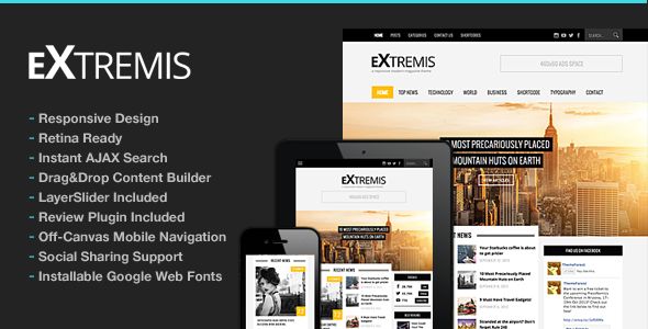 Extremis Responsive Magazine Theme by ThemeGoods is a news magazine WordPress theme with video support which features Retina display support, support for RTL languages, fully responsive layouts, search engine optimization, Google Fonts support, Revolution Slider, clean design, magazine style layouts and minimal design.