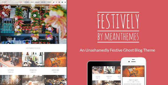 Festively by Meanthemes is a Ghost theme which features fully responsive layouts, clean design, is great for your personal site, a grid layout and  minimal design.