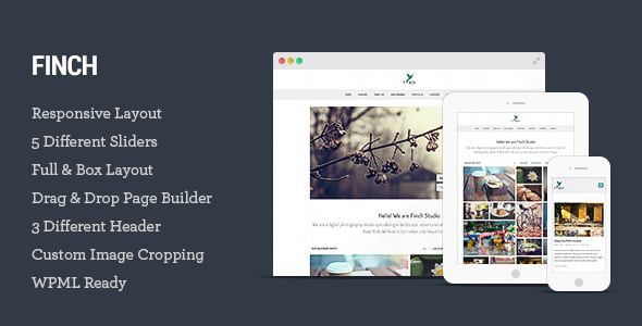 Finch by Tommusrhodus is a WordPress theme which features Retina display support, parallax elements, one page layouts, fully responsive layouts, search engine optimization, Google Fonts support, Revolution Slider, WooCommerce integration, Bootstrap framework utilization, support for photo galleries, can be used for your portfolio, magazine style layouts, is great for your personal site, flat design aesthetics and a grid layout.