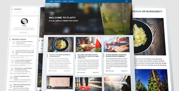 Flaty by Sunflowertheme is a Ghost theme which features support for RTL languages, fully responsive layouts, Google Fonts support, clean design, Bootstrap framework utilization, magazine style layouts, is great for your personal site, blogging related layouts and optimizations, flat design aesthetics and  masonry post layouts.