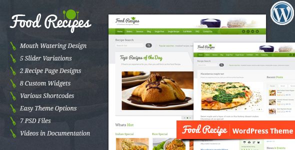 Food Recipes by InspiryThemes is a recipe WordPress theme which features one page layouts, fully responsive layouts, search engine optimization and Google Fonts support.