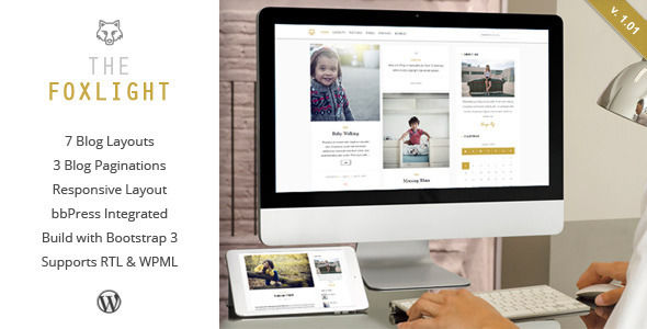 Foxlight by ZERGE is a WordPress theme which features Retina display support, parallax elements, support for RTL languages, fully responsive layouts, search engine optimization, Google Fonts support, WooCommerce integration, clean design, Bootstrap framework utilization, magazine style layouts, is great for your personal site and a grid layout.
