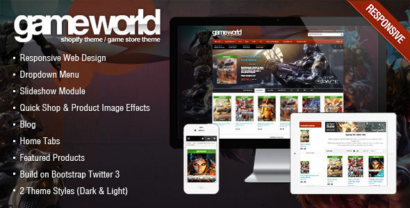 Game Store Shopify Theme by Tvlgiao is a Shopify theme which features parallax elements, support for RTL languages, fully responsive layouts, Google Fonts support, WooCommerce integration, clean design, Bootstrap framework utilization, bold design elements, a grid layout and  minimal design.