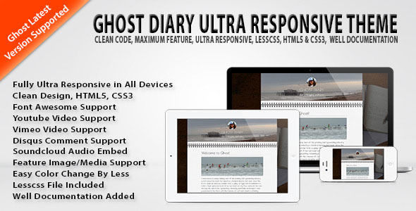 Ghost Diary Ultra Responsive Theme by Freelancingcare is a Ghost theme which features fully responsive layouts, Google Fonts support, clean design, is great for your personal site, corporate style visuals, flat design aesthetics and  minimal design.