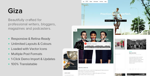 Giza by PixelObject is a WordPress theme which features parallax elements, support for RTL languages, fully responsive layouts, search engine optimization, Google Fonts support, Revolution Slider, clean design, Bootstrap framework utilization, can be used for your portfolio, magazine style layouts, masonry post layouts, a grid layout and minimal design.