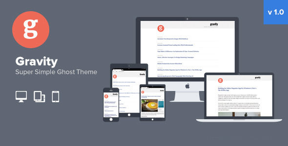 Gravity by PresslyThemes is a Ghost theme which features fully responsive layouts, Google Fonts support, clean design and  blogging related layouts and optimizations.