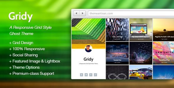 Gridy by ThemeArtisan is a Ghost theme which features support for RTL languages, fully responsive layouts, clean design, Bootstrap framework utilization, support for photo galleries, blogging related layouts and optimizations, a grid layout and  minimal design.