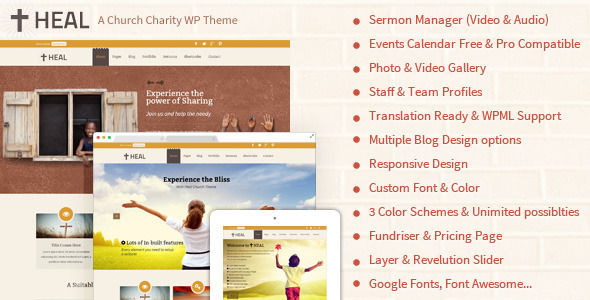 Heal Church And Charity WordPress Theme by Designthemes is a news magazine WordPress theme with video support which features parallax elements, support for RTL languages, fully responsive layouts, search engine optimization, Google Fonts support, Revolution Slider, clean design, can be used for your portfolio and minimal design.