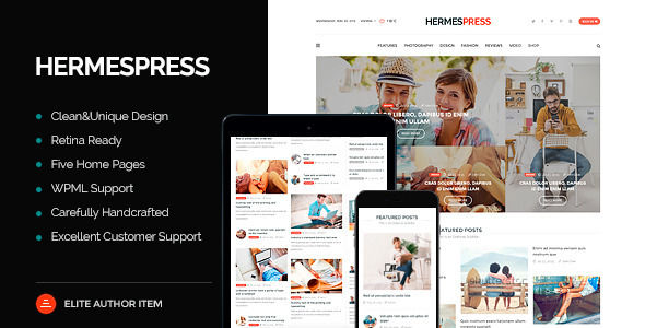 HermesPress by WebLionMedia is a news magazine WordPress theme with video support which features Retina display support, parallax elements, support for RTL languages, Mega Menu, one page layouts, fully responsive layouts, search engine optimization, Revolution Slider, WooCommerce integration, clean design, magazine style layouts, bold design elements and a grid layout.
