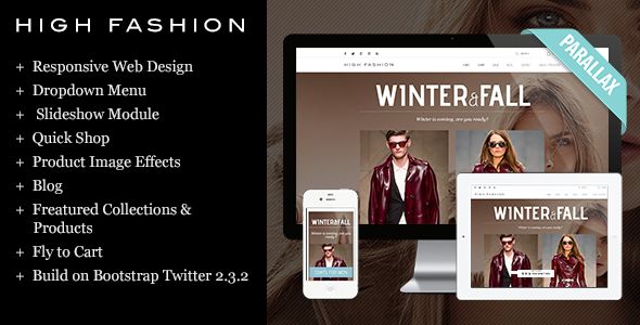 High Fashion Responsive Shopify Theme by Tvlgiao is a Shopify theme which features parallax elements, support for RTL languages, fully responsive layouts, Google Fonts support, WooCommerce integration, clean design, Bootstrap framework utilization, Colorful, a grid layout and  minimal design.