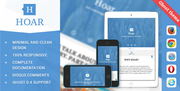Hoar by Lodossteam is a Ghost theme which features support for RTL languages, fully responsive layouts, Google Fonts support, clean design, is great for your personal site and  blogging related layouts and optimizations.