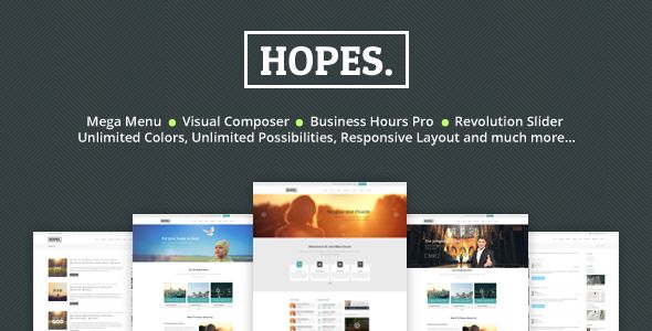 Hopes by AivahThemes is a news magazine WordPress theme with video support which features parallax elements, support for RTL languages, Mega Menu, one page layouts, fully responsive layouts, search engine optimization, Google Fonts support, Revolution Slider and flat design aesthetics.