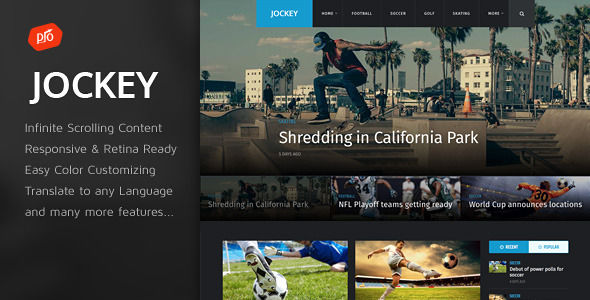 Jockey by ProgressionStudios is a news magazine WordPress theme with video support which features Retina display support, fully responsive layouts, support for photo galleries and magazine style layouts.